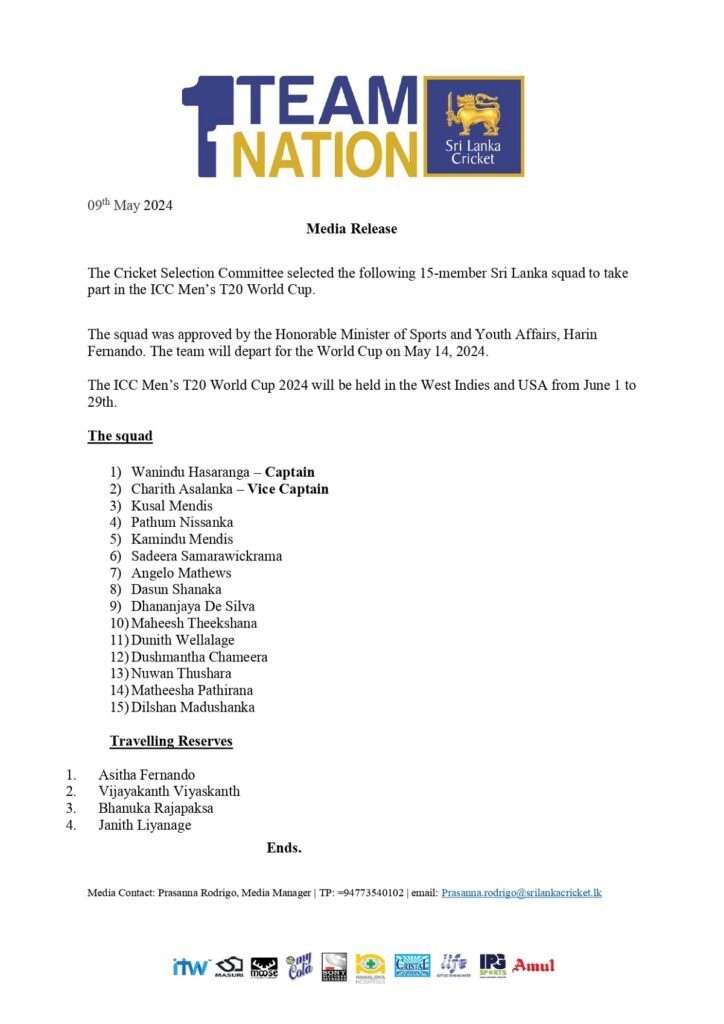 T20 உலக கிண்ணத்திற்கான இலங்கை குழாம் அறிவிப்பு 